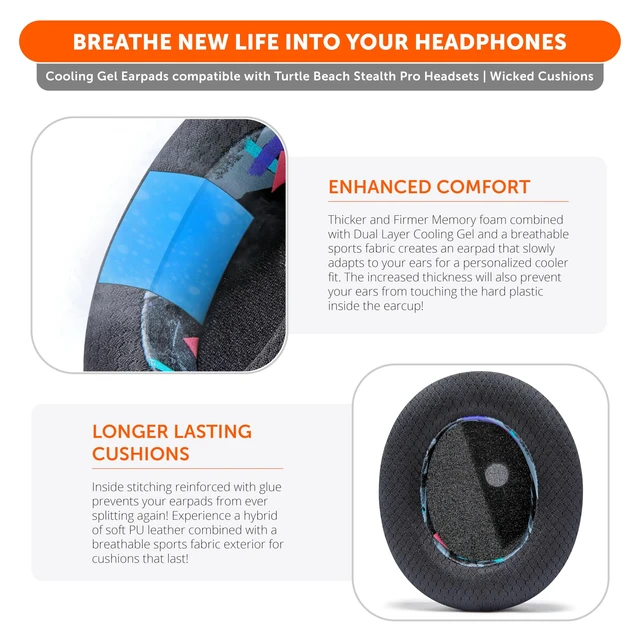 Alt view image 4 of 7 - Freeze Stealth Pro - Cooling Gel Earpads for Turtle Beach Stealth Pro 1 Made by Wicked Cushions Boost Comfort, Durability, Thickness & Sound Isolation 90's Black