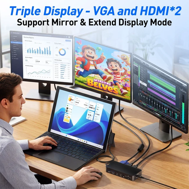 Alt view image 3 of 7 - MS Surface Pro Docking Station - Triple Display 4K@60Hz Dual HDMI + VGA, 11-in-1 Surface Dock with 2X USB-C, 2X USB 3.0, Ethernet, SD/TF Reader, 3.5mm Jack for Surface Pro 11/10/9, Laptop, Book, Go