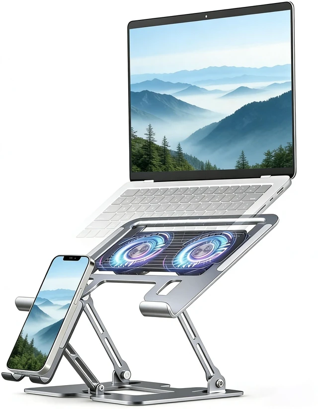 Main image of Laptop & Phone 2-in-1 Cooling Stand with Silent Fan, Adjustable Height & Angle, Carbon Steel Foldable Laptop Riser, Gaming Laptop Cooler Pad for Laptops Up to 18 Inch (Silver)