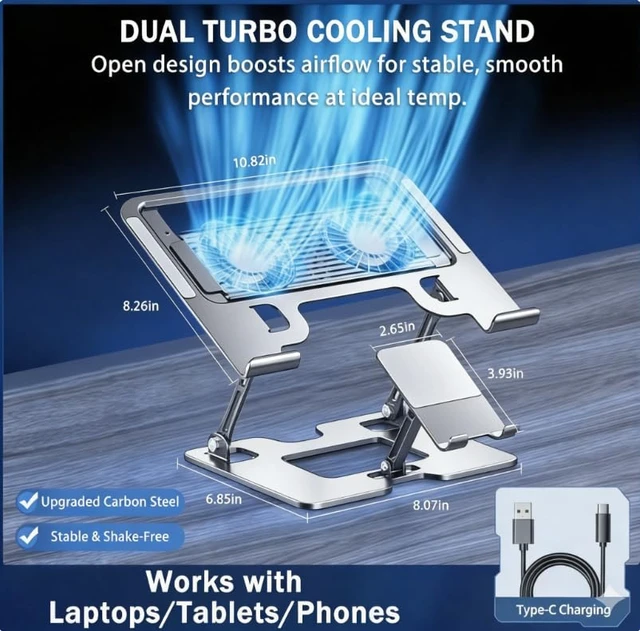 Alt view image 3 of 7 - Laptop & Phone 2-in-1 Cooling Stand with Silent Fan, Adjustable Height & Angle, Carbon Steel Foldable Laptop Riser, Gaming Laptop Cooler Pad for Laptops Up to 18 Inch (Silver)