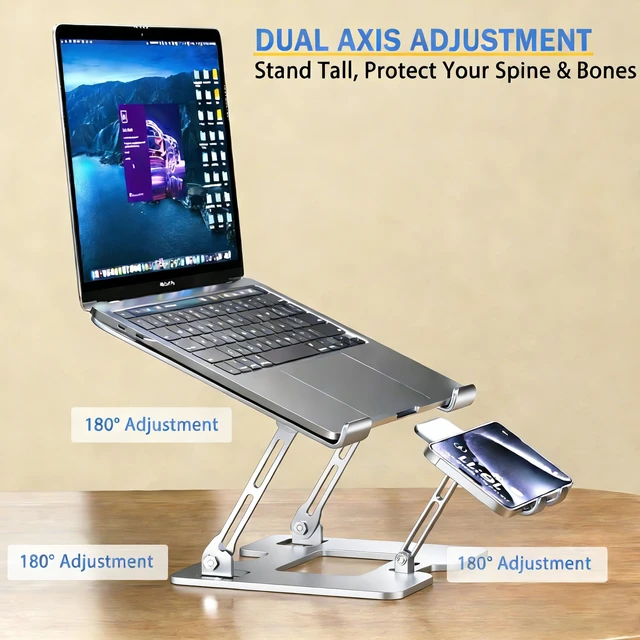 Alt view image 6 of 7 - Laptop & Phone 2-in-1 Cooling Stand with Silent Fan, Adjustable Height & Angle, Carbon Steel Foldable Laptop Riser, Gaming Laptop Cooler Pad for Laptops Up to 18 Inch (Silver)
