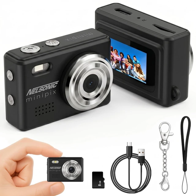 Main image of MiniPix 1080P Digital Keychain Camera, 8GB Card, USB-C, Black 0.96-inch color screen, 1MP sensor, photo/video capture, pocket size, clip-on design, rechargeable, travel, gifts, teens, 6+