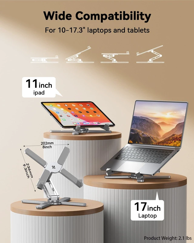 Alt view image 7 of 7 - Laptop Stand,360°Rotating Base,Adjustable Ergonomic Design 100% Aluminium, adjustable height and angle, Ventilated open-frame design, fits 17-inch laptops, MacBook Pro compatible