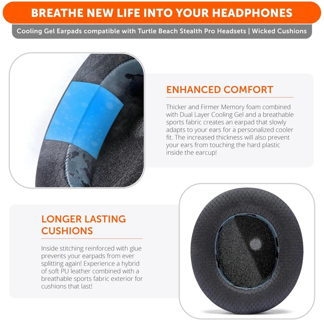Alt view image 4 of 7 - Freeze Stealth Pro - Cooling Gel Earpads for Turtle Beach Stealth Pro 1 Made by Wicked Cushions Boost Comfort, Durability, Thickness & Sound Isolation Black Camo