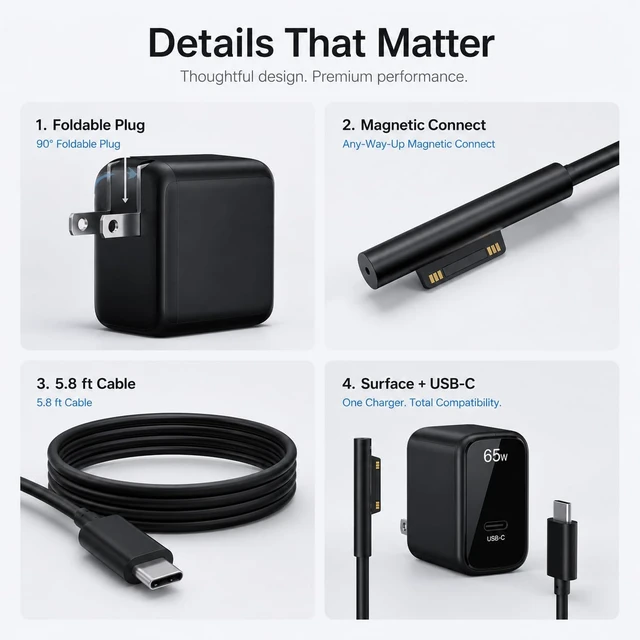 Alt view image 6 of 7 - 65W GaN Surface Pro Charger, 2-in-1 Power Adapter for Microsoft Surface Pro 3/4/5/6/7/8/9/10/11/12/X, Surface Book, Surface Laptop & Tablet, USB-C Fast Charger with Magnetic Surface Connector