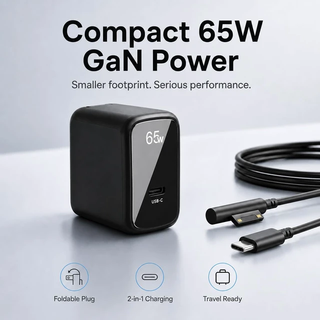 Alt view image 7 of 7 - 65W GaN Surface Pro Charger, 2-in-1 Power Adapter for Microsoft Surface Pro 3/4/5/6/7/8/9/10/11/12/X, Surface Book, Surface Laptop & Tablet, USB-C Fast Charger with Magnetic Surface Connector