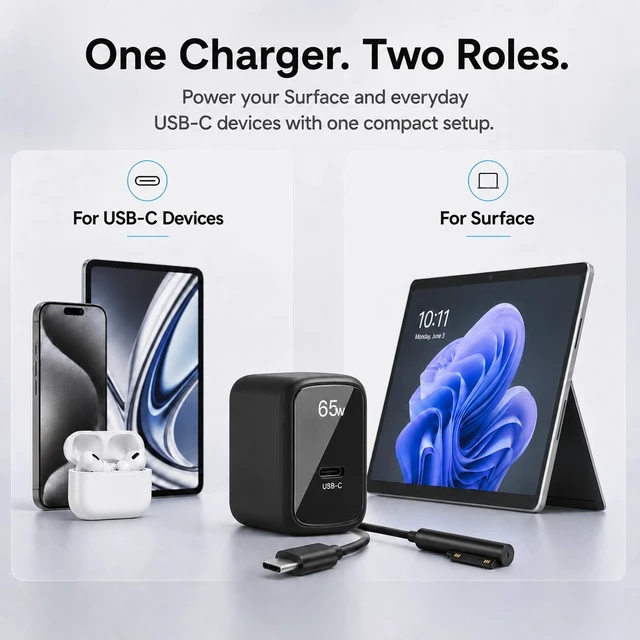 Alt view image 5 of 7 - 65W GaN Surface Pro Charger, 2-in-1 Power Adapter for Microsoft Surface Pro 3/4/5/6/7/8/9/10/11/12/X, Surface Book, Surface Laptop & Tablet, USB-C Fast Charger with Magnetic Surface Connector