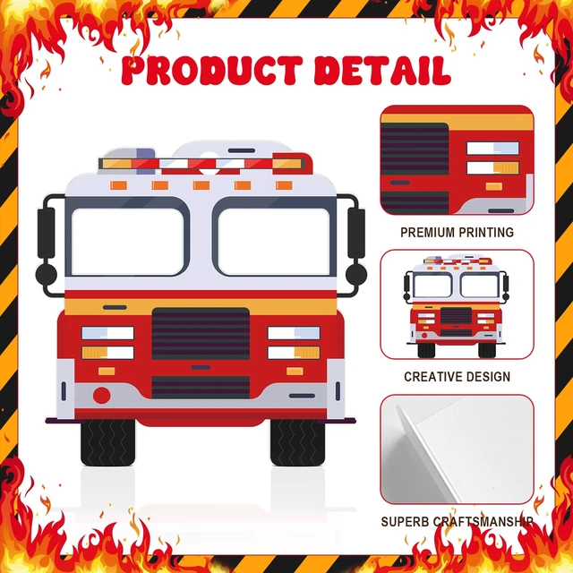Alt view image 4 of 7 - 4FT Fire Truck Cardboard Cutout Firefighter Party Decoration Standup Photo Booth Props Backdrop for Fireman Theme Party Baby Shower Birthday Classroom School Events Decorations Backdrop