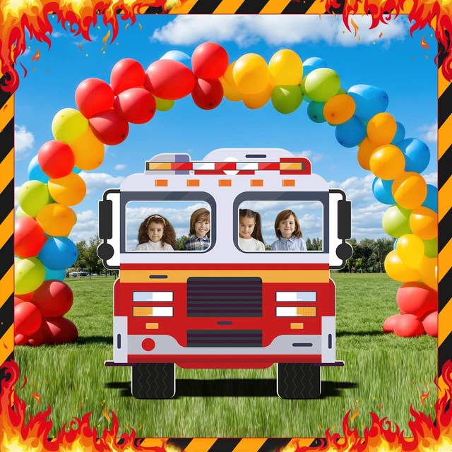 Alt view image 7 of 7 - 4FT Fire Truck Cardboard Cutout Firefighter Party Decoration Standup Photo Booth Props Backdrop for Fireman Theme Party Baby Shower Birthday Classroom School Events Decorations Backdrop