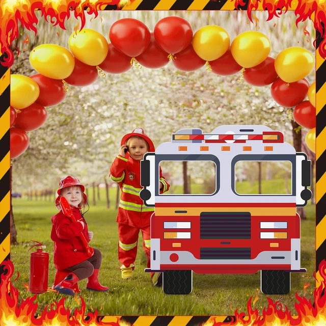Alt view image 5 of 7 - 4FT Fire Truck Cardboard Cutout Firefighter Party Decoration Standup Photo Booth Props Backdrop for Fireman Theme Party Baby Shower Birthday Classroom School Events Decorations Backdrop