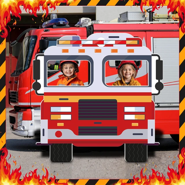 Alt view image 6 of 7 - 4FT Fire Truck Cardboard Cutout Firefighter Party Decoration Standup Photo Booth Props Backdrop for Fireman Theme Party Baby Shower Birthday Classroom School Events Decorations Backdrop