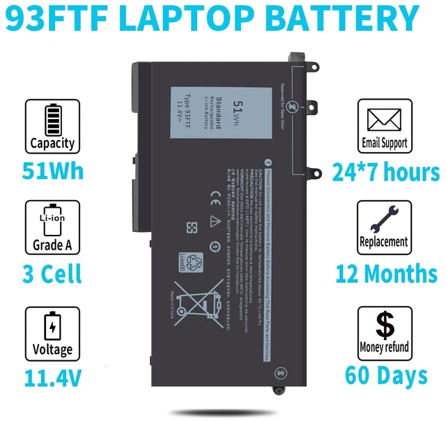 Alt view image 5 of 6 - 51Wh Type 93FTF Battery for Dell Latitude 5580 5480 5280 5590 5490 5491 5290 5288 5488 5495 5591 E5580 E5480 E5280 E5590 E5490 E5290 E5591 E5491 Precision 15 3520 3530 D4CMT 83XPC 4YFVG 451-BBZT 11.4V