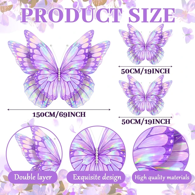 Alt view image 3 of 6 - 3 Pcs 60" 20" Giant Butterfly Party Decoration Mariposas Grandes para Decoration 3D Tulle Butterflies Decor for Birthday Wedding Baby Shower Fairy Garden Party(Purple Gold)