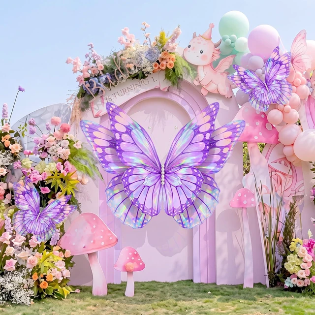 Main image of 3 Pcs 60" 20" Giant Butterfly Party Decoration Mariposas Grandes para Decoration 3D Tulle Butterflies Decor for Birthday Wedding Baby Shower Fairy Garden Party(Purple Gold)
