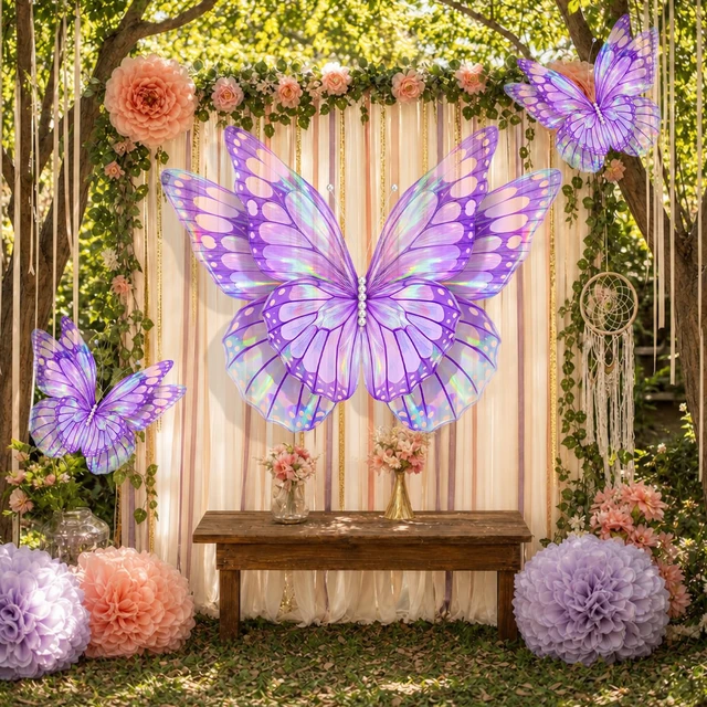 Alt view image 5 of 6 - 3 Pcs 60" 20" Giant Butterfly Party Decoration Mariposas Grandes para Decoration 3D Tulle Butterflies Decor for Birthday Wedding Baby Shower Fairy Garden Party(Purple Gold)