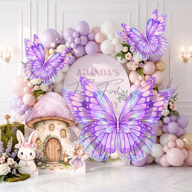 Alt view image 6 of 6 - 3 Pcs 60" 20" Giant Butterfly Party Decoration Mariposas Grandes para Decoration 3D Tulle Butterflies Decor for Birthday Wedding Baby Shower Fairy Garden Party(Purple Gold)