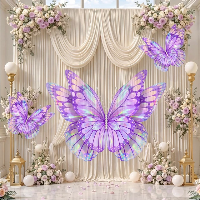 Alt view image 4 of 6 - 3 Pcs 60" 20" Giant Butterfly Party Decoration Mariposas Grandes para Decoration 3D Tulle Butterflies Decor for Birthday Wedding Baby Shower Fairy Garden Party(Purple Gold)