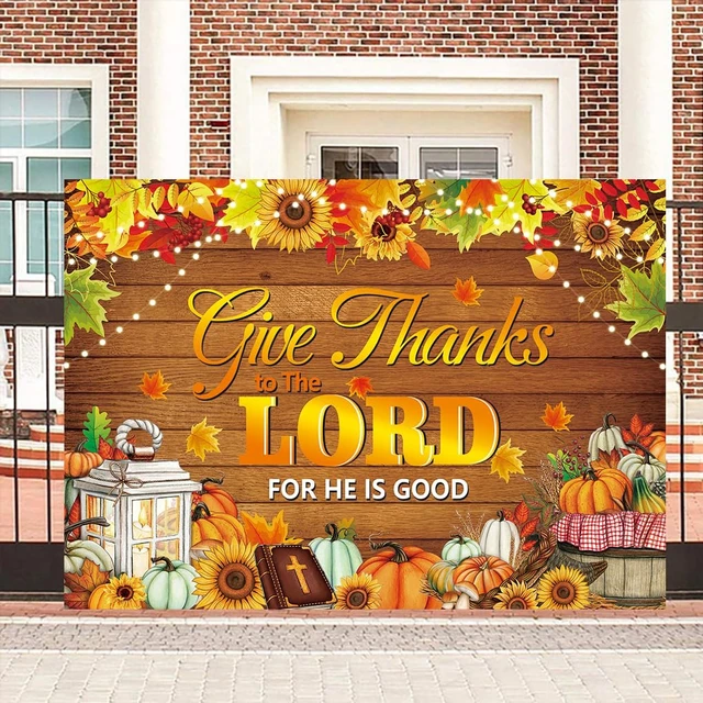 Alt view image 2 of 7 - Give Thanks to The Lord Banner Backdrop 8x6FT Christian Thanksgiving Decorations Photography Background Autumn Maple Leaves Pumpkins Religious Thanksgiving Harvest Party Supplies Wall Decor