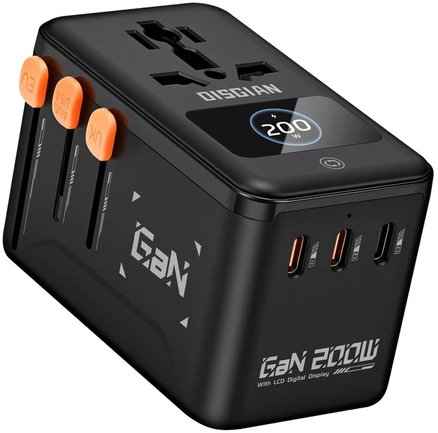 Main image of 200W GaN Travel Adapter with Digital Display,Universal World Plug Travel Charger with 3 USB-C & 1 USB-A Ports,Multi-Mode Screen,All-in-One AC Socket for EU UK US AU Trips in 150+ Countries