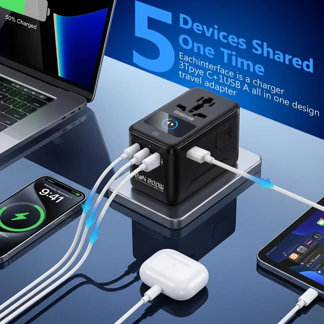 Alt view image 3 of 7 - 200W GaN Travel Adapter with Digital Display,Universal World Plug Travel Charger with 3 USB-C & 1 USB-A Ports,Multi-Mode Screen,All-in-One AC Socket for EU UK US AU Trips in 150+ Countries