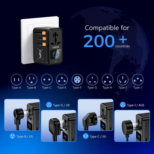 Alt view image 6 of 7 - 200W GaN Travel Adapter with Digital Display,Universal World Plug Travel Charger with 3 USB-C & 1 USB-A Ports,Multi-Mode Screen,All-in-One AC Socket for EU UK US AU Trips in 150+ Countries