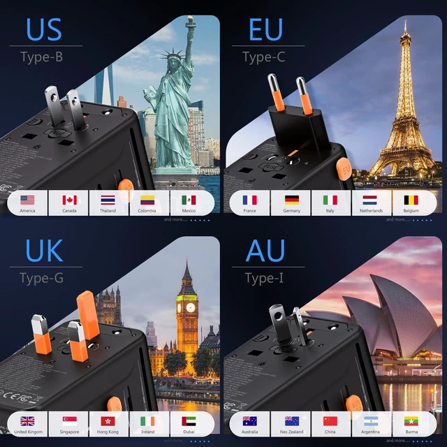 Alt view image 5 of 7 - 200W GaN Travel Adapter with Digital Display,Universal World Plug Travel Charger with 3 USB-C & 1 USB-A Ports,Multi-Mode Screen,All-in-One AC Socket for EU UK US AU Trips in 150+ Countries