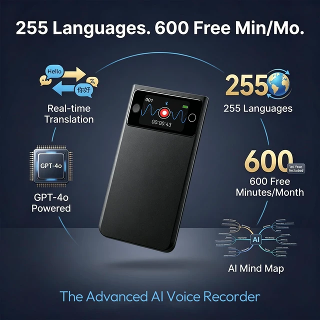 Alt view image 2 of 7 - AI Voice Recorder Real-Time Translator 255 Langs, 64GB Features Photo & Simultaneous Interpreter. AI Transcription, Summary & Mind Map. Note Taker for Meetings, Lectures, etc
