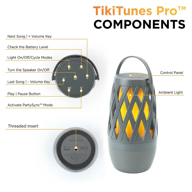 Alt view image 3 of 7 - TikiTunes Pro Portable Bluetooth 10-Watt Speaker with 3-Mode LED Flame Light, Pair up to 100 Speakers, 4000 mAh Battery for iPhone/iPad/Android (Graphite)