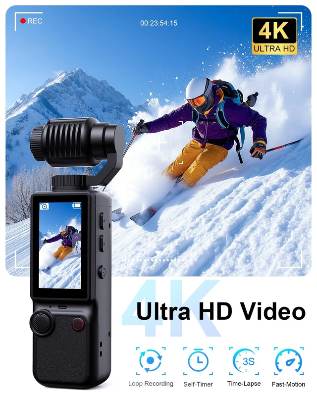 Alt view image 2 of 7 - 4K Vlogging Camera with 180°Rotating Lens, Portable Handheld Video Camera 16X Zoom Pocket Digital Camcorder with Clear Mic, 2.0 Screen,32GB Card,Tripod,2000mAh Battery for Travel&Youtube Tiktok