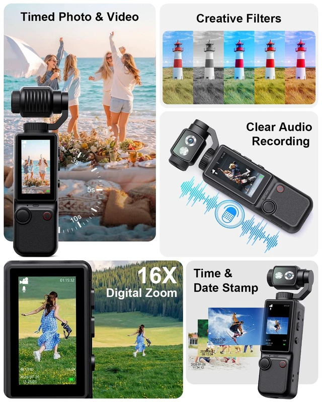 Alt view image 3 of 7 - 4K Vlogging Camera with 180°Rotating Lens, Portable Handheld Video Camera 16X Zoom Pocket Digital Camcorder with Clear Mic, 2.0 Screen,32GB Card,Tripod,2000mAh Battery for Travel&Youtube Tiktok