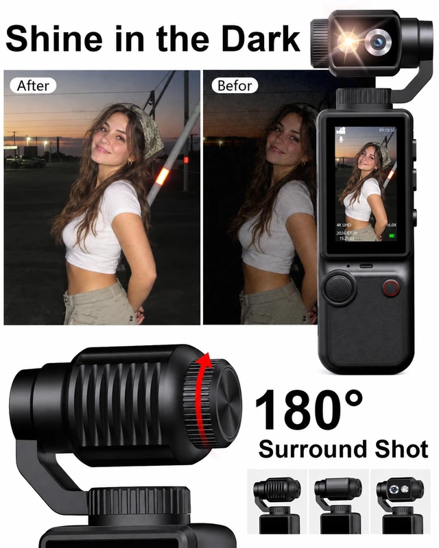 Alt view image 4 of 7 - 4K Vlogging Camera with 180°Rotating Lens, Portable Handheld Video Camera 16X Zoom Pocket Digital Camcorder with Clear Mic, 2.0 Screen,32GB Card,Tripod,2000mAh Battery for Travel&Youtube Tiktok