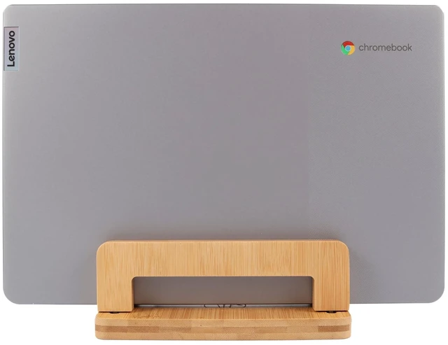Main image of Bamboo Wood Vertical Laptop Stand, Adjustable Wooden Laptop Holder, Non-Slip Laptop Dock Compatible with Apple MacBook, Microsoft Surface, Gaming Laptops, IPad, Tablets