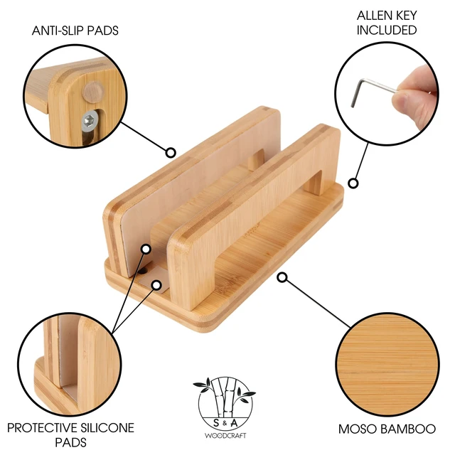 Alt view image 3 of 7 - Bamboo Wood Vertical Laptop Stand, Adjustable Wooden Laptop Holder, Non-Slip Laptop Dock Compatible with Apple MacBook, Microsoft Surface, Gaming Laptops, IPad, Tablets