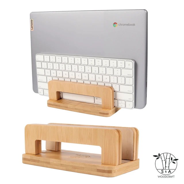 Alt view image 6 of 7 - Bamboo Wood Vertical Laptop Stand, Adjustable Wooden Laptop Holder, Non-Slip Laptop Dock Compatible with Apple MacBook, Microsoft Surface, Gaming Laptops, IPad, Tablets