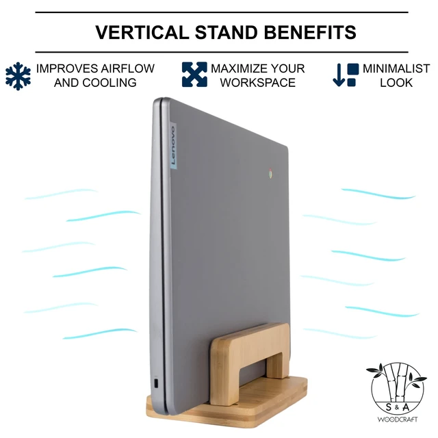 Alt view image 7 of 7 - Bamboo Wood Vertical Laptop Stand, Adjustable Wooden Laptop Holder, Non-Slip Laptop Dock Compatible with Apple MacBook, Microsoft Surface, Gaming Laptops, IPad, Tablets