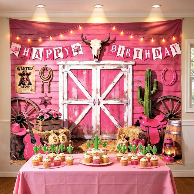 Alt view image 2 of 6 - Cowgirl Backdrop 8x6FT Pink Western Cowgirl Birthday Banner for Girls Cowboy Party Decorations, Rustic Rodeo Cowgirl Backdrop Photography Booth Background Baby Shower Decor