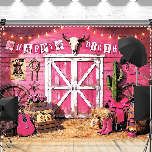 Alt view image 3 of 6 - Cowgirl Backdrop 8x6FT Pink Western Cowgirl Birthday Banner for Girls Cowboy Party Decorations, Rustic Rodeo Cowgirl Backdrop Photography Booth Background Baby Shower Decor