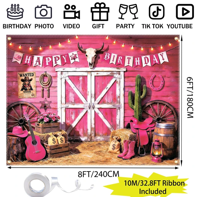 Alt view image 4 of 6 - Cowgirl Backdrop 8x6FT Pink Western Cowgirl Birthday Banner for Girls Cowboy Party Decorations, Rustic Rodeo Cowgirl Backdrop Photography Booth Background Baby Shower Decor