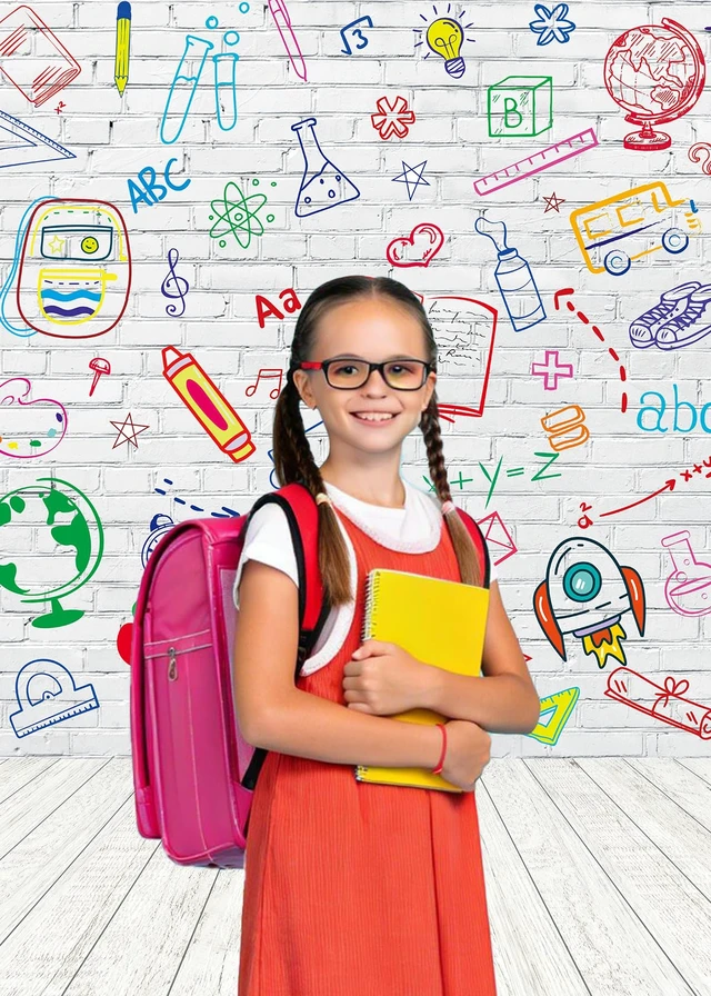 Alt view image 2 of 7 - Back to School Backdrop Hand Painted White Brick Wall Classroom Background 5X7FT First Day of School Photography Background Teacher Student Classroom Party Decorations Banner Photo Props