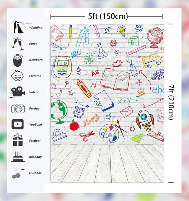 Alt view image 6 of 7 - Back to School Backdrop Hand Painted White Brick Wall Classroom Background 5X7FT First Day of School Photography Background Teacher Student Classroom Party Decorations Banner Photo Props