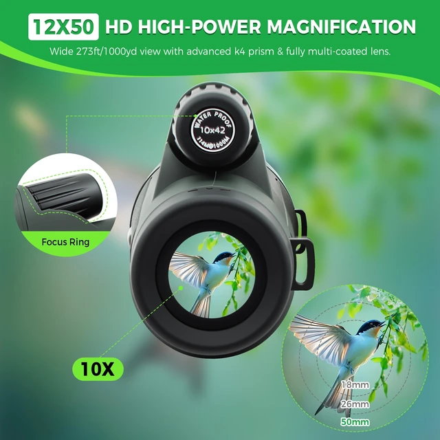 Alt view image 2 of 7 - Monocular Telescope 12x50 BAK4 High Powered Monoculars for Adult Compact Portable Waterproof Monocular with Hand Strap, Lightweight Handheld Pocket Telescope, Bird Watching Hunting Camping