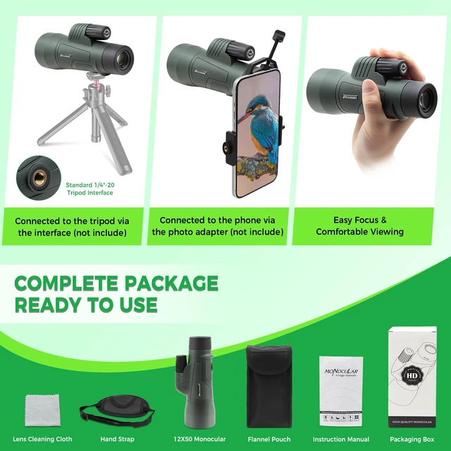 Alt view image 7 of 7 - Monocular Telescope 12x50 BAK4 High Powered Monoculars for Adult Compact Portable Waterproof Monocular with Hand Strap, Lightweight Handheld Pocket Telescope, Bird Watching Hunting Camping