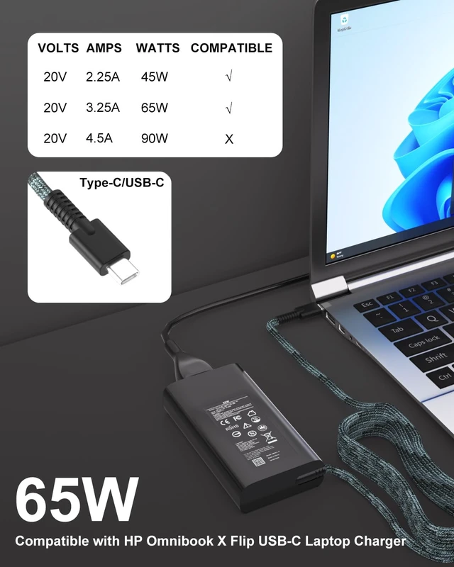 Alt view image 5 of 7 - 65W Laptop Charger USB C Compatible with HP OmniBook X Flip 16 case For OmniBook X Flip 16" 14" 17.3 inch Accessories OmniBook 5/5 Flip/OmniBook 7/7 Flip/7 Aero/OmniBook 3 Gen Adapter Cord