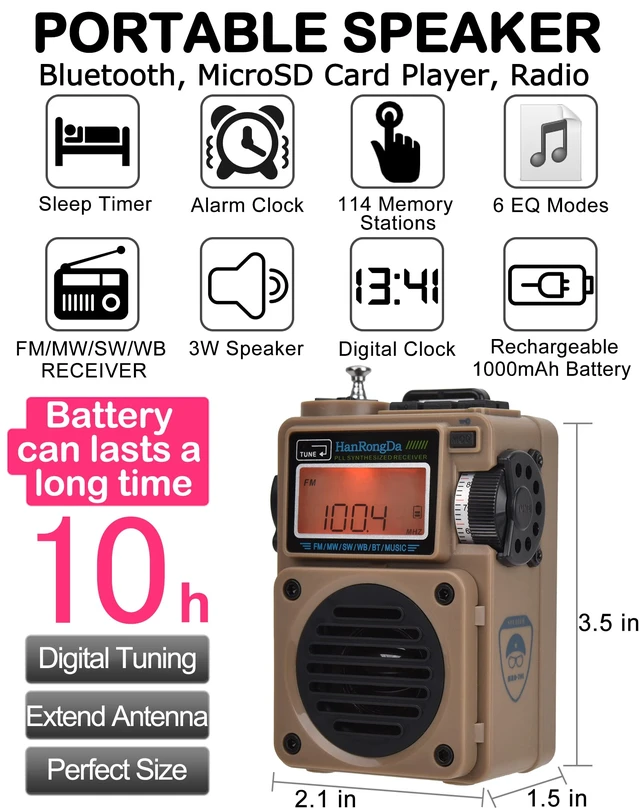 Alt view image 2 of 7 - Radio, Bluetooth Speaker Support MicroSD Card, FM MW WB Shortwave Receiver with NOAA Alerts and Sleep Timer, Rechargeable Retro Digital Radios with Backlit and Alarm for Camping HRD701