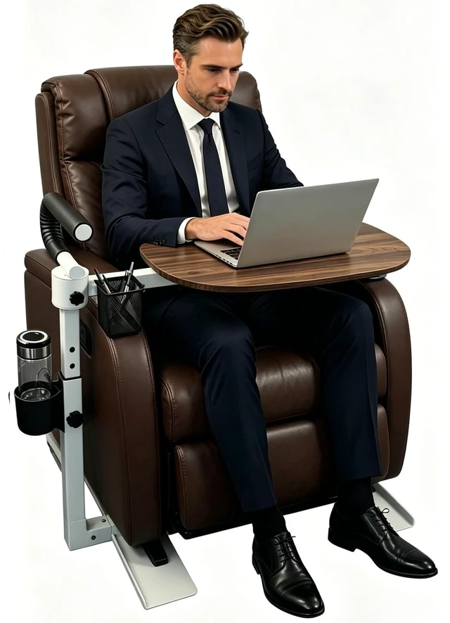 Main image of Adjustable Swivel Tray Table for Recliner, 360° Rotating TV Tray Table Support Handle, Built-in Cup Holder & Metal Pen Holder, Height Adjustable Overbed Side Table for Seniors, Sofa, Eating, Working