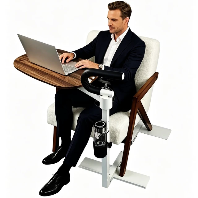 Alt view image 3 of 7 - Adjustable Swivel Tray Table for Recliner, 360° Rotating TV Tray Table Support Handle, Built-in Cup Holder & Metal Pen Holder, Height Adjustable Overbed Side Table for Seniors, Sofa, Eating, Working