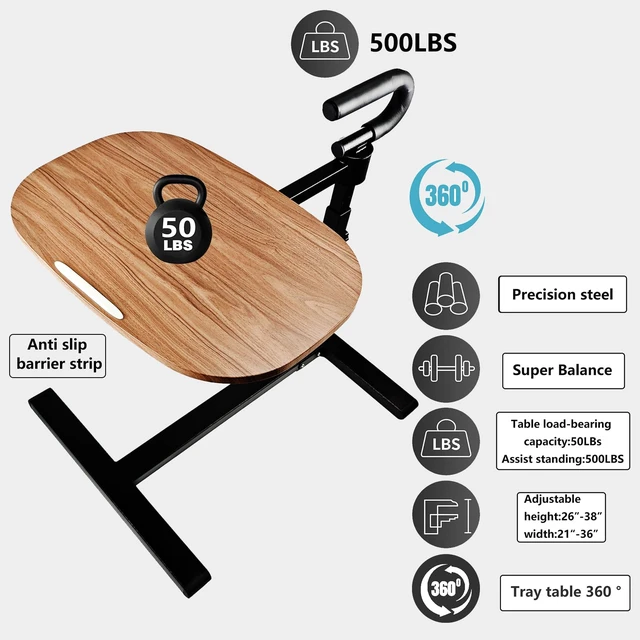 Alt view image 7 of 7 - Adjustable Swivel Tray Table for Recliner, 360° Rotating TV Tray Table Support Handle, Built-in Cup Holder & Metal Pen Holder, Height Adjustable Overbed Side Table for Seniors, Sofa, Eating, Working