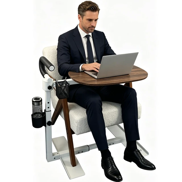 Alt view image 5 of 7 - Adjustable Swivel Tray Table for Recliner, 360° Rotating TV Tray Table Support Handle, Built-in Cup Holder & Metal Pen Holder, Height Adjustable Overbed Side Table for Seniors, Sofa, Eating, Working