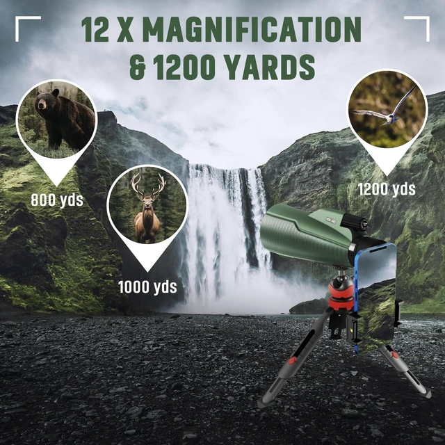 Alt view image 2 of 7 - Monocular Telescope - 12x56 High Powered, Compact, Dust-Proof, Waterproof, Handheld Scope with Smartphone Adapter and Metal Tripod - Ideal for Hunting, Stargazing, Birdwatching, and Outdoor Adventures
