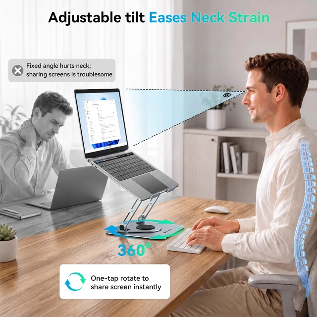 Alt view image 2 of 7 - Adjustable Laptop Stand, 360° Rotating Aluminum Desk Stand Fits laptops up to 17", holds 11 lbs, honeycomb cooling vents, foldable, tool-free setup, for office/study/gaming